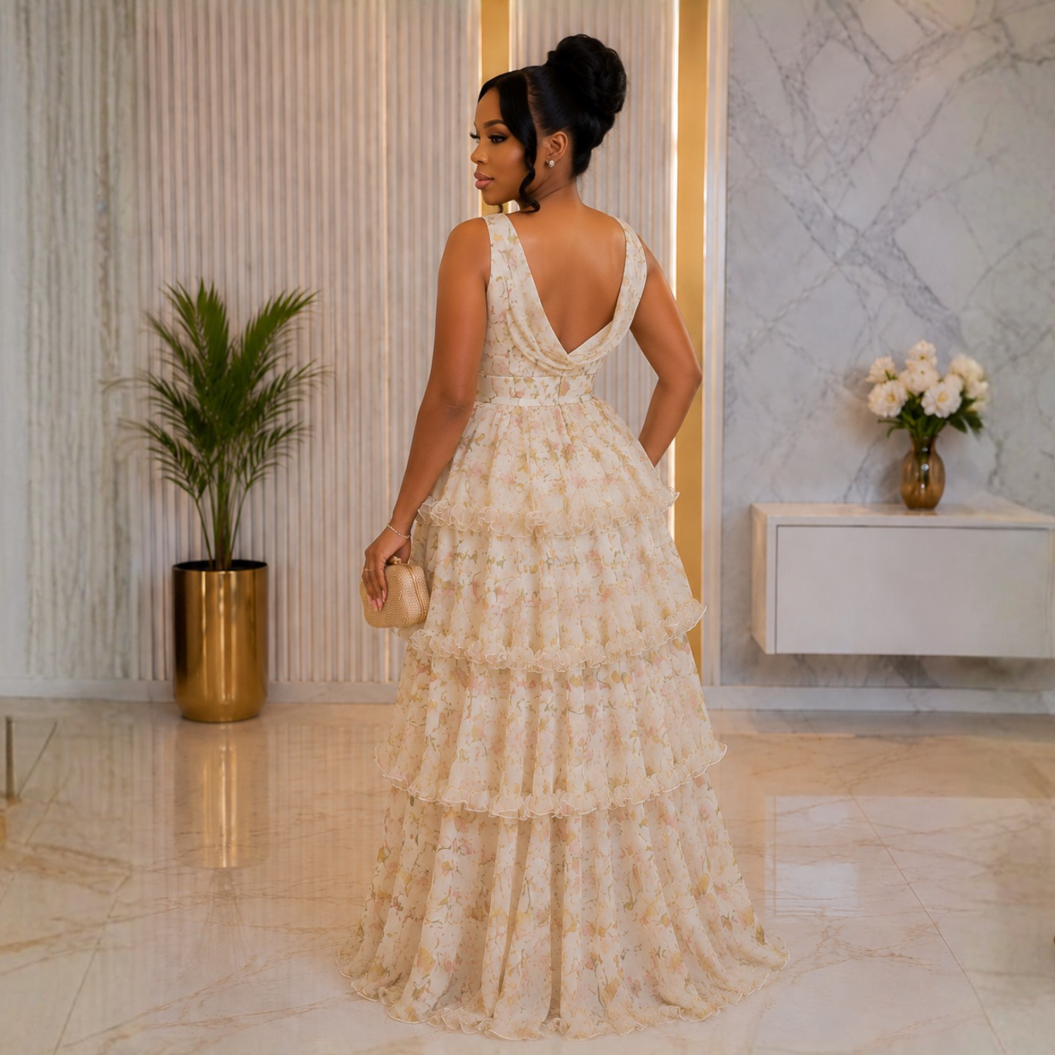 Cream Floral Tiered Chiffon Maxi
