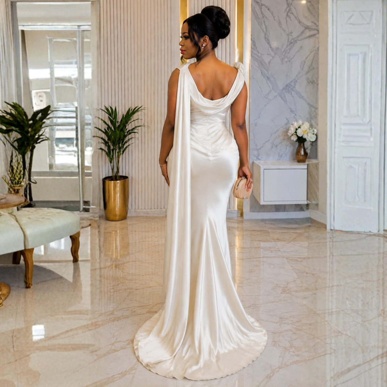 Cream Satin Draped Dress