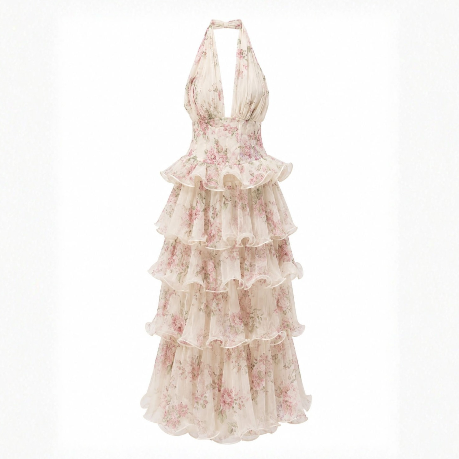 Cream Floral Halter Tiered Maxi