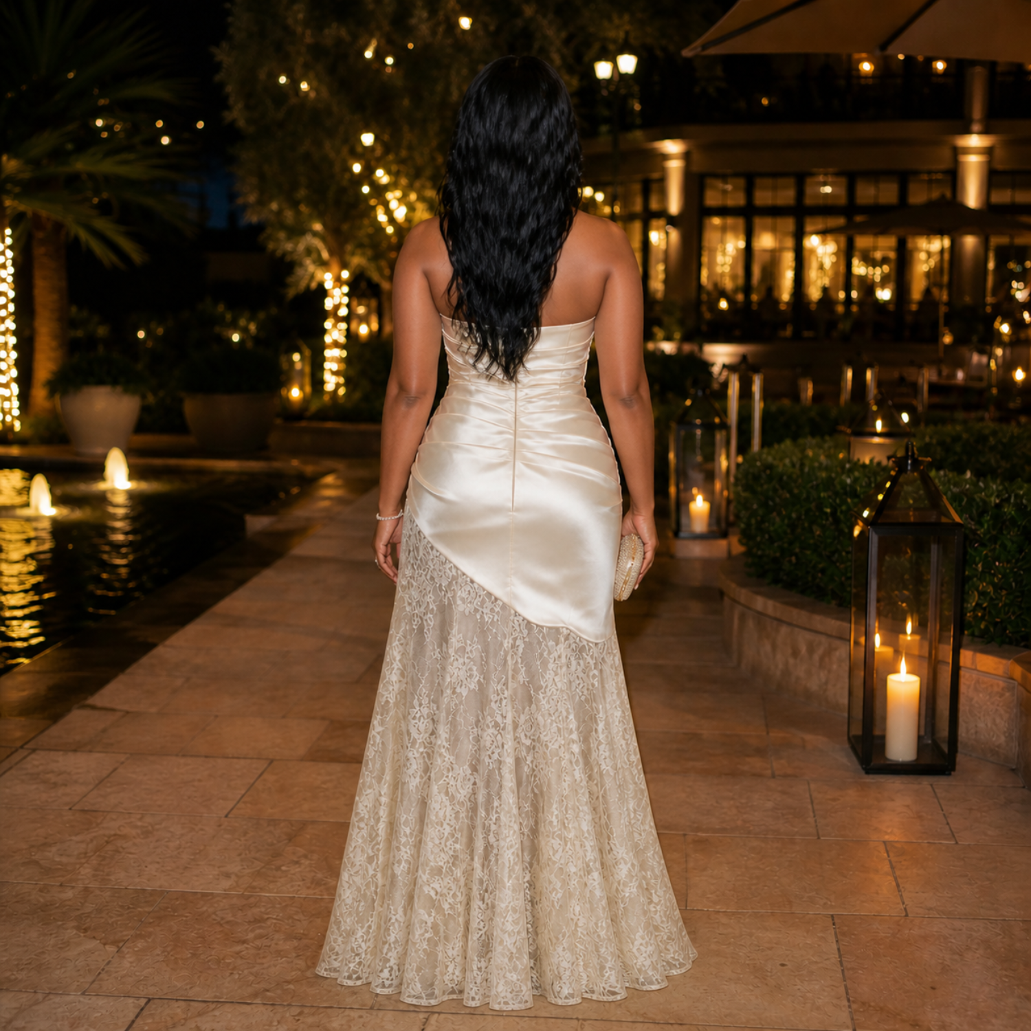 EllaVerra Satin Lace Patchwork Ruffled Strapless Dress