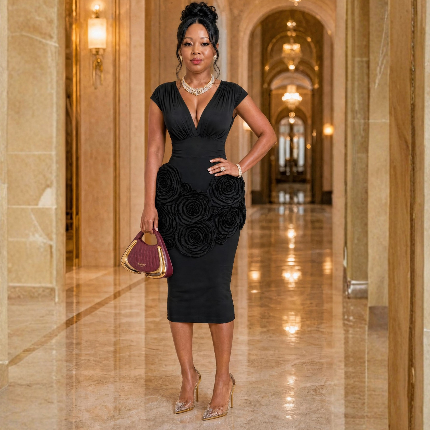 Plum Satin 3D Rose Midi-Black