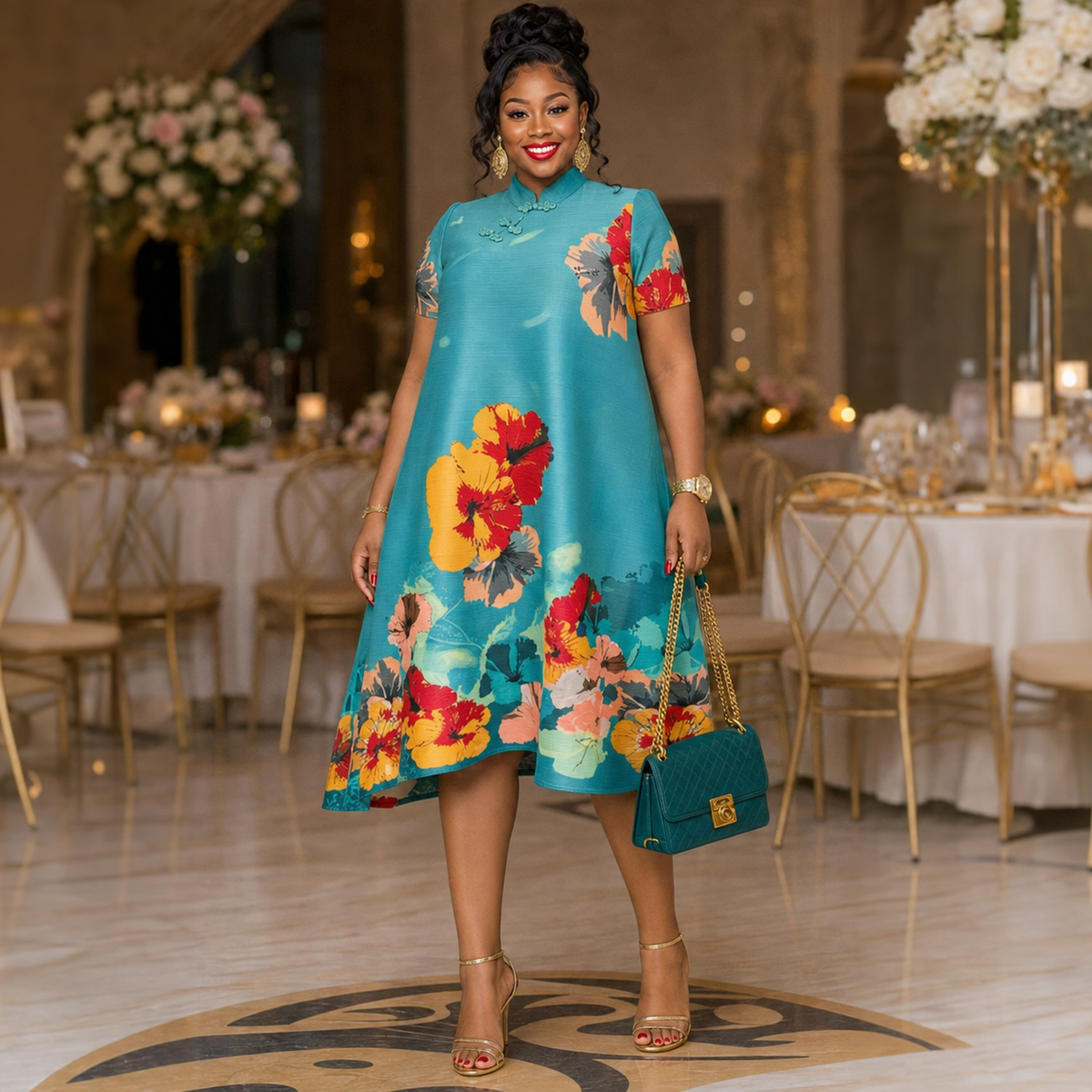 Teal Blossom Mandarin Collar A-Line Dress