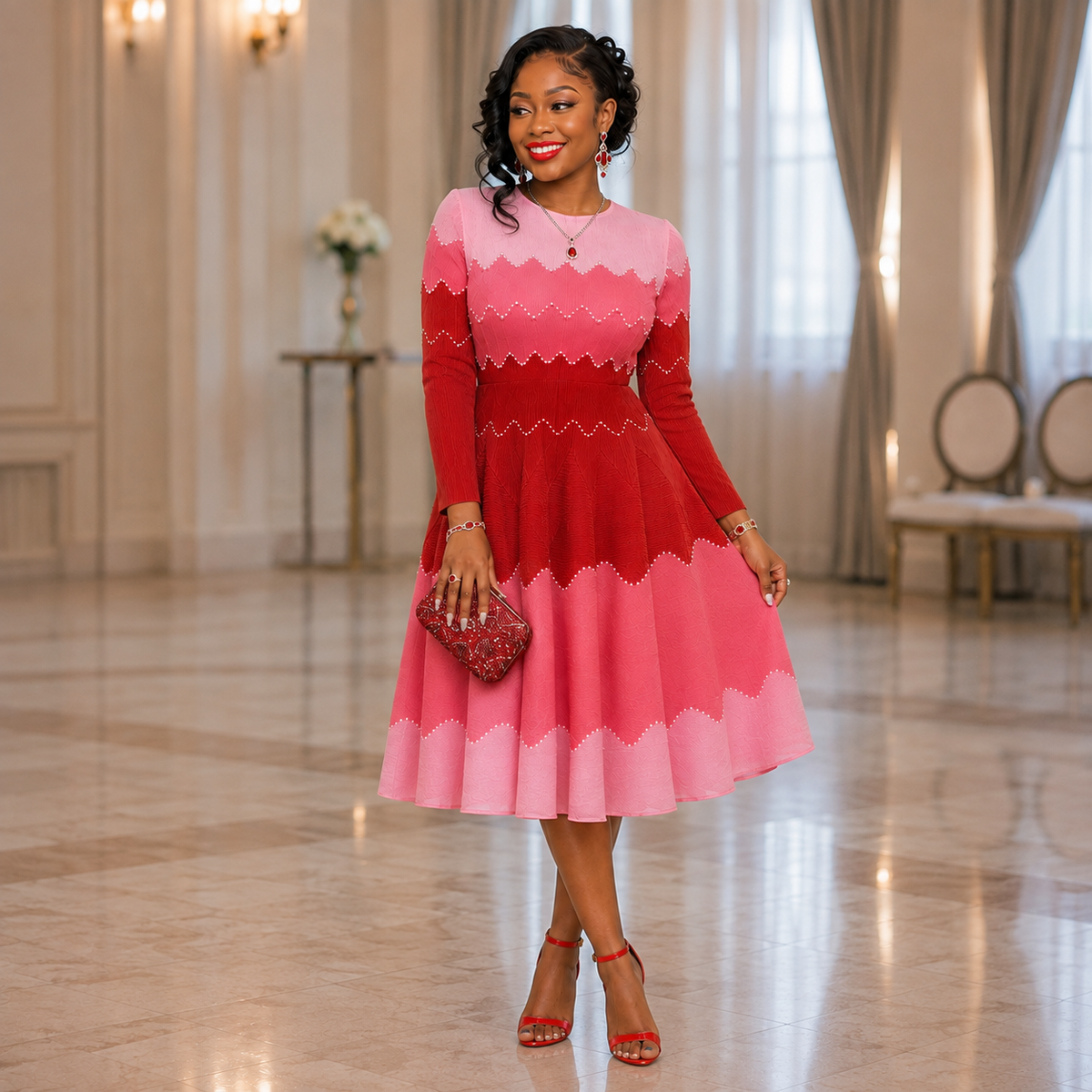 Bouncy Ombré Miyake Chevron Midi Dress — Pink & Red