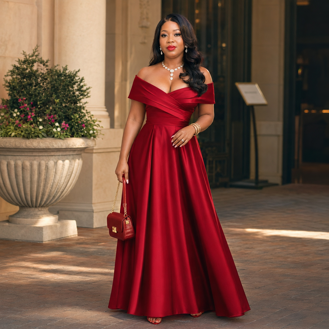 Scarlet Elegance Off-Shoulder Satin Gown