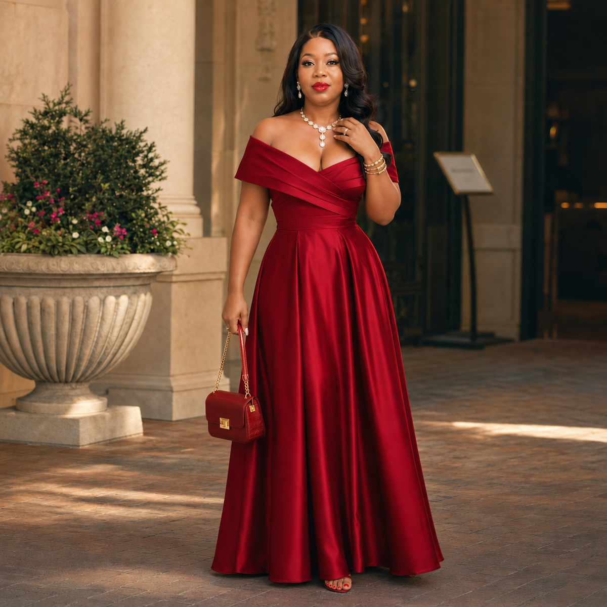 Scarlet Elegance Off-Shoulder Satin Gown