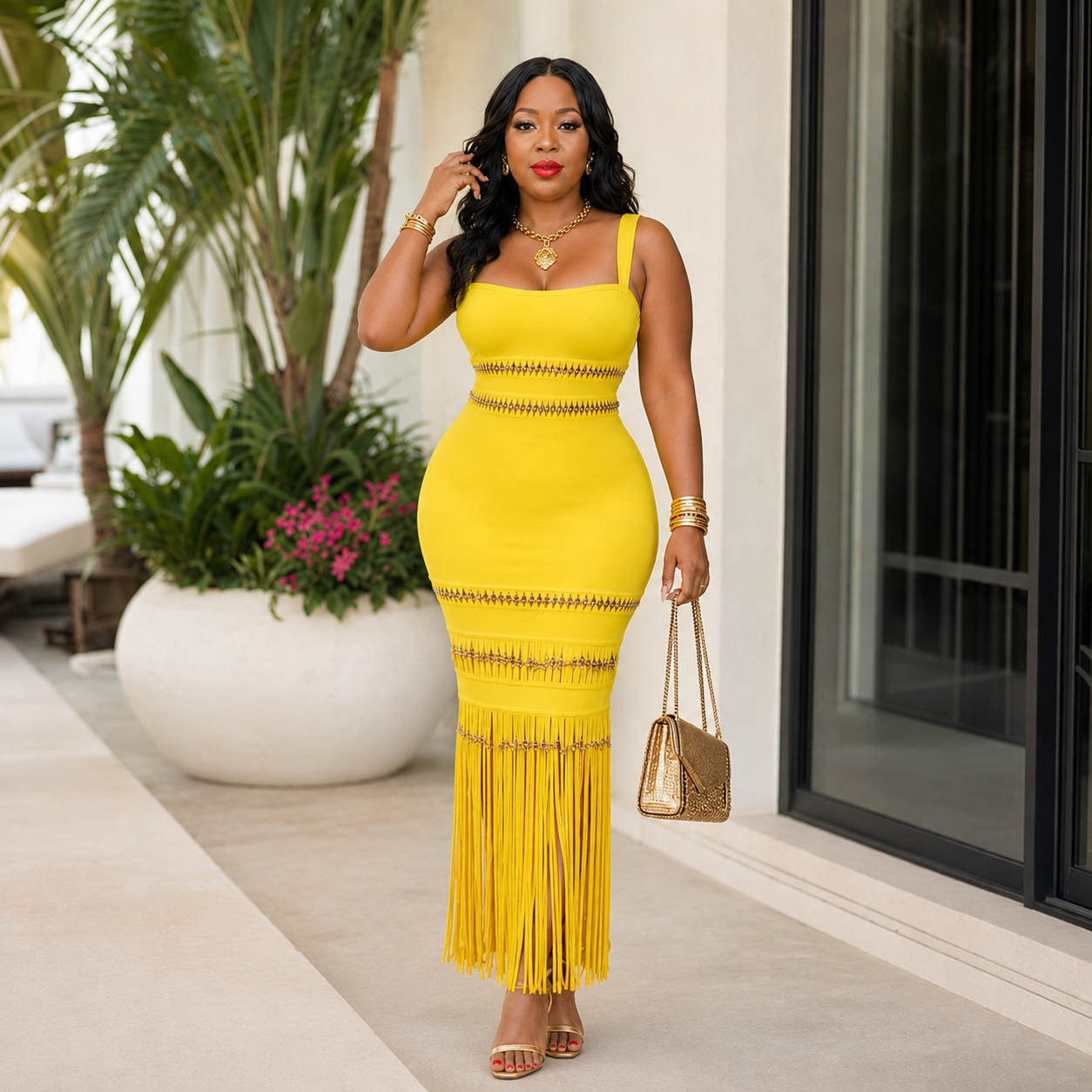 Golden Hour Fringe Bandage Maxi Dress