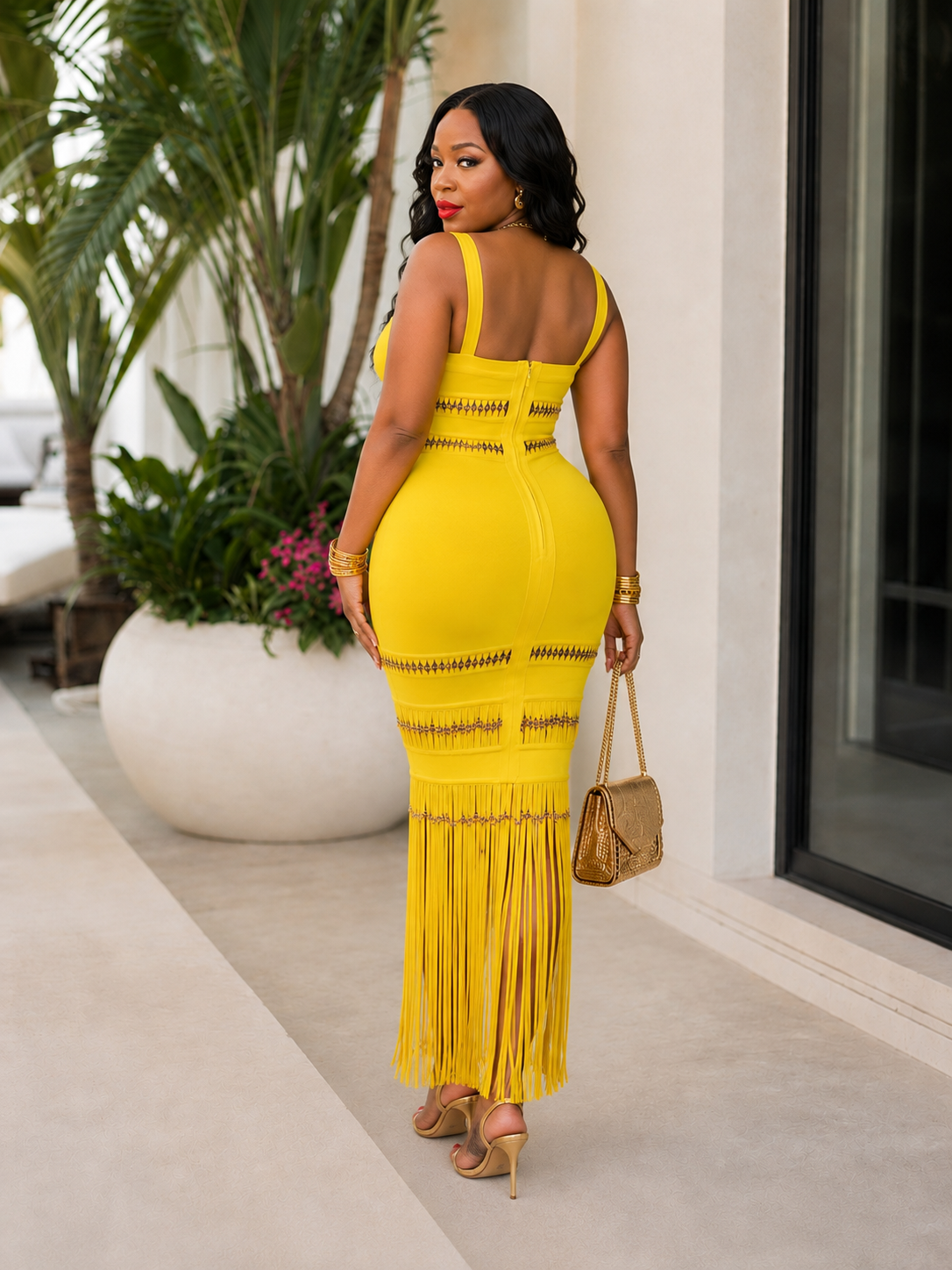 Golden Hour Fringe Bandage Maxi Dress