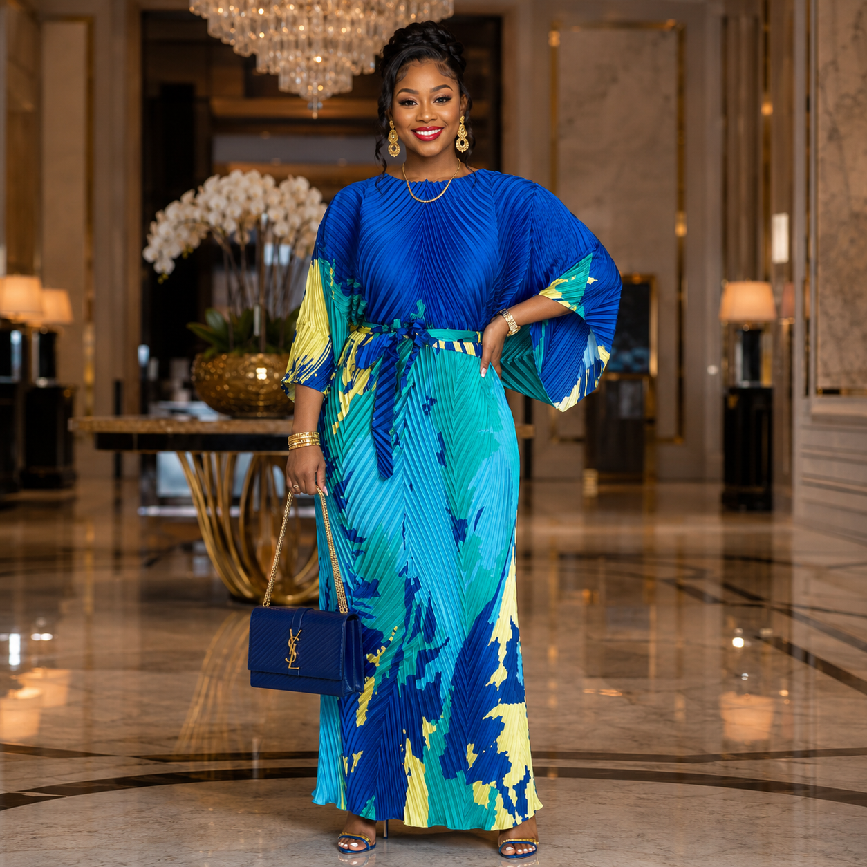 Azure Elegance Pleated Maxi Gown