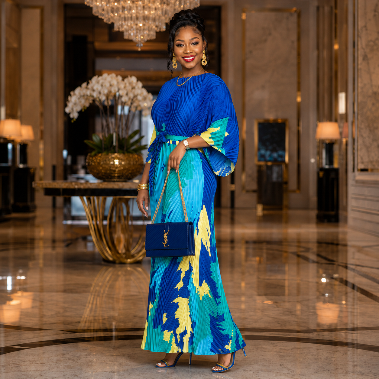 Azure Elegance Pleated Maxi Gown