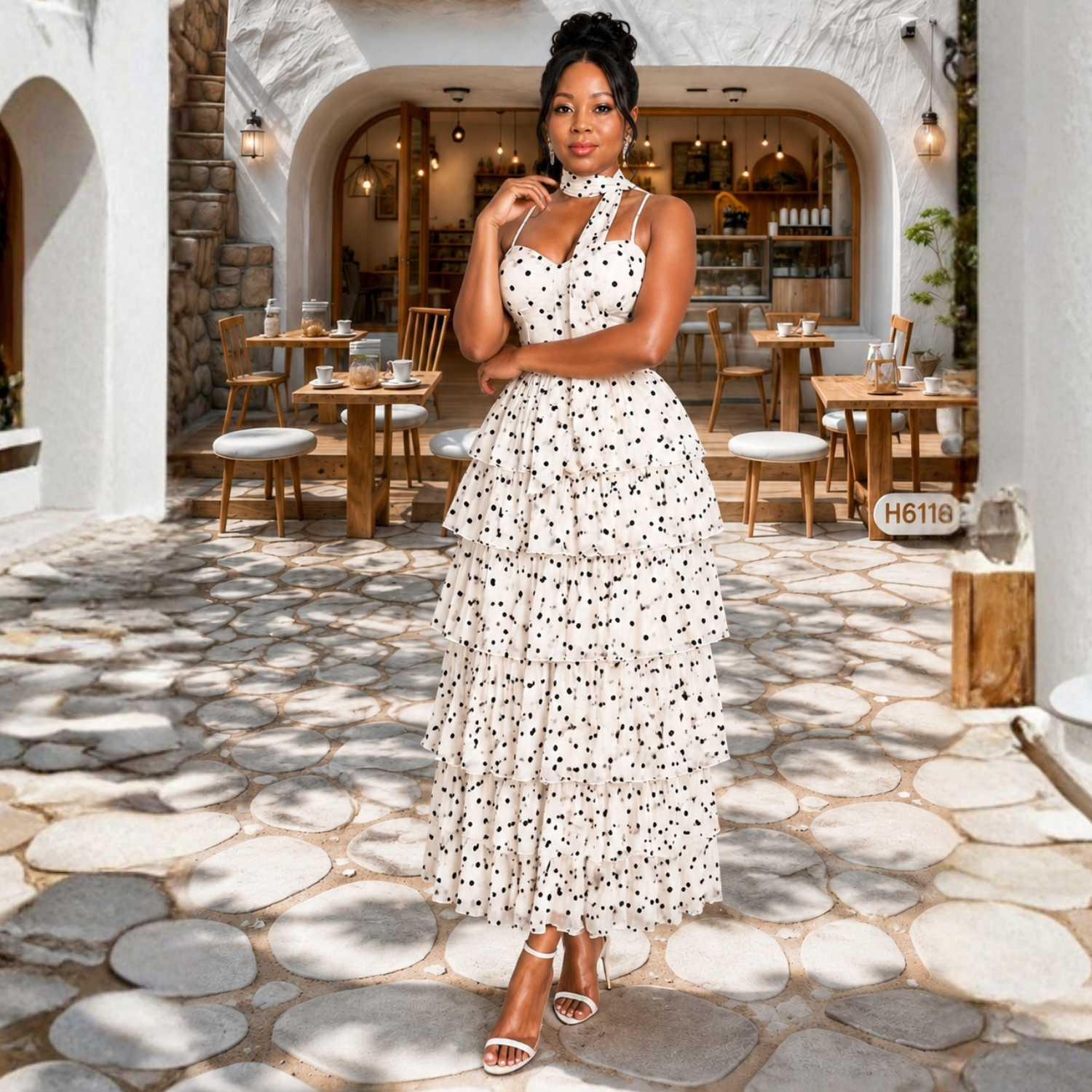 Polka Dot Tiered Organza Midi Dress