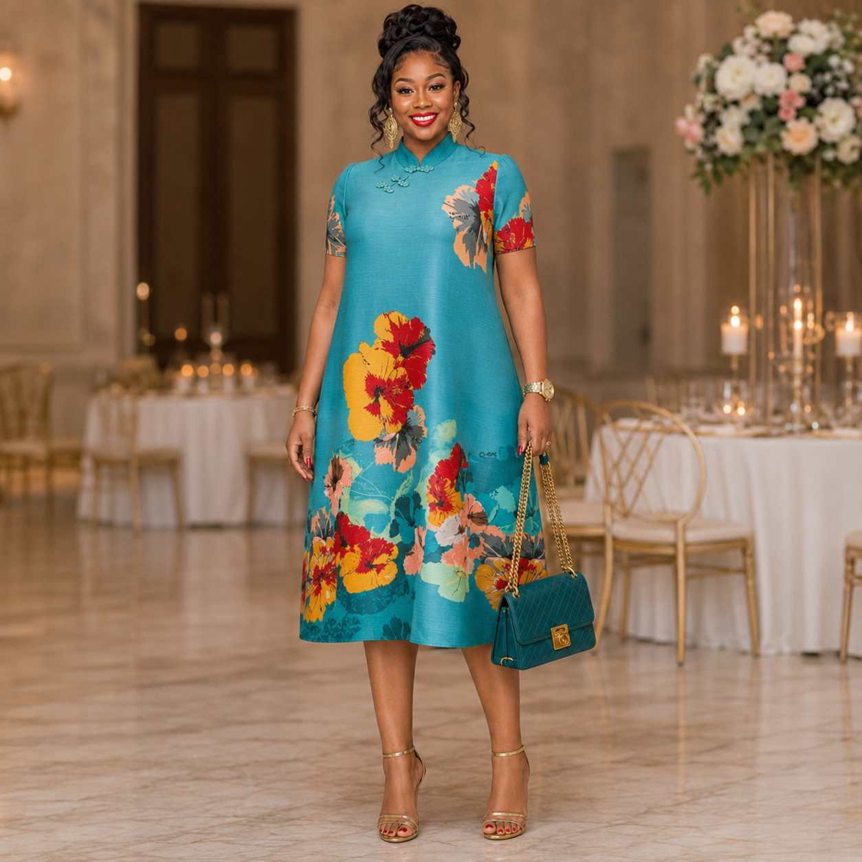 Teal Blossom Mandarin Collar A-Line Dress