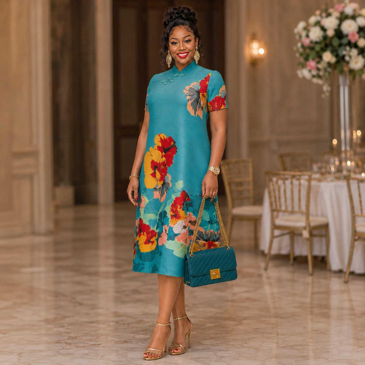Teal Blossom Mandarin Collar A-Line Dress
