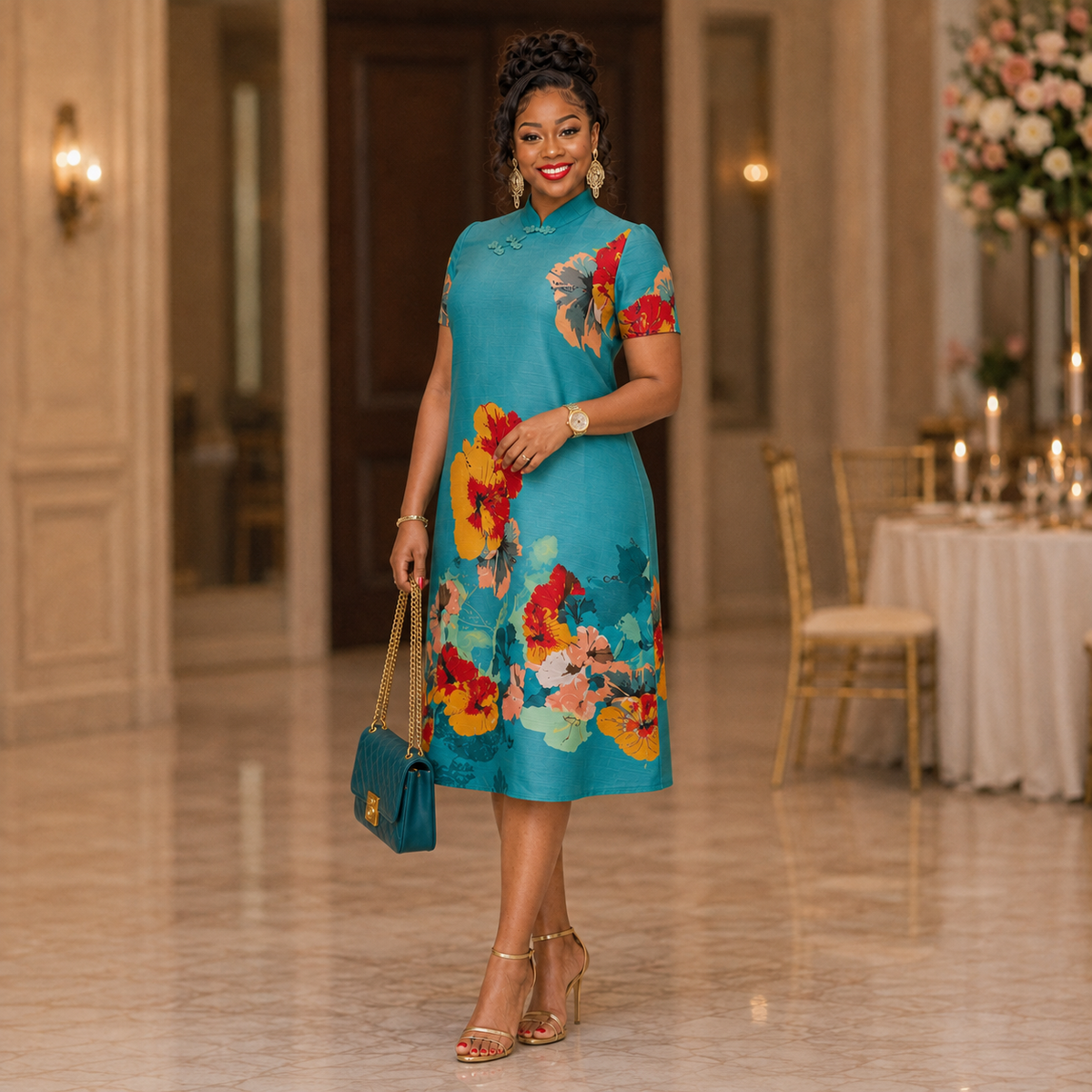 Teal Blossom Mandarin Collar A-Line Dress