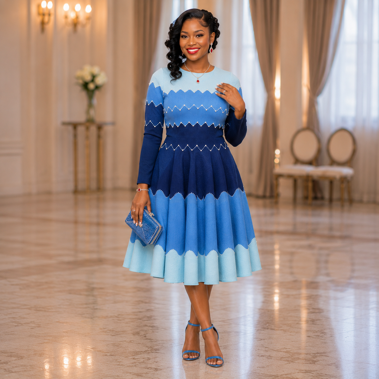 Bouncy Ombré Miyake Chevron Midi Dress — Blue