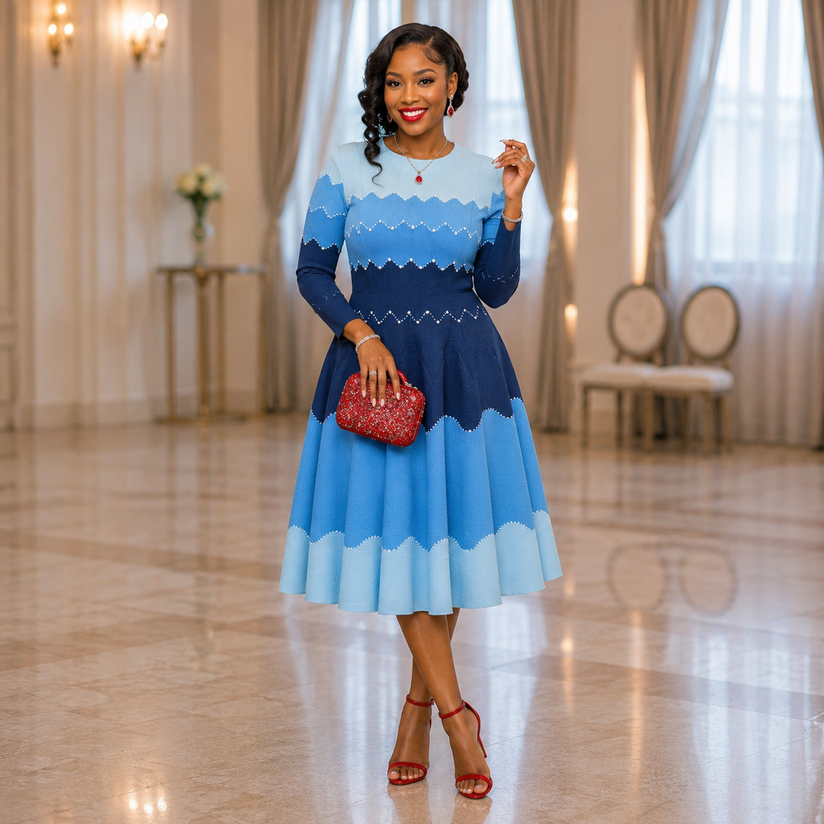 Bouncy Ombré Miyake Chevron Midi Dress — Blue