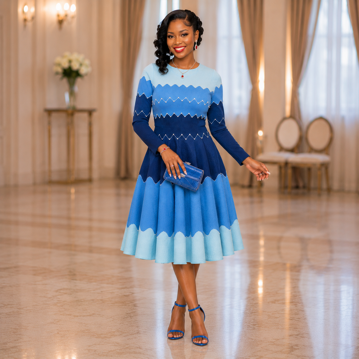 Bouncy Ombré Miyake Chevron Midi Dress — Blue