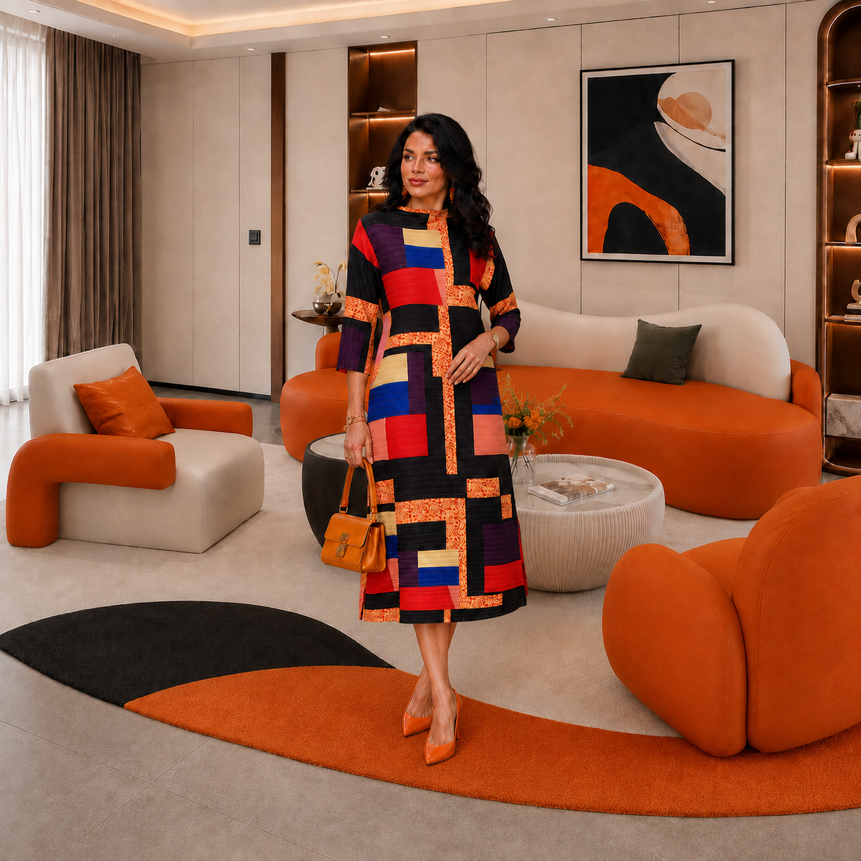 Bouncy Miyake Colorblock Geometric Midi Dress