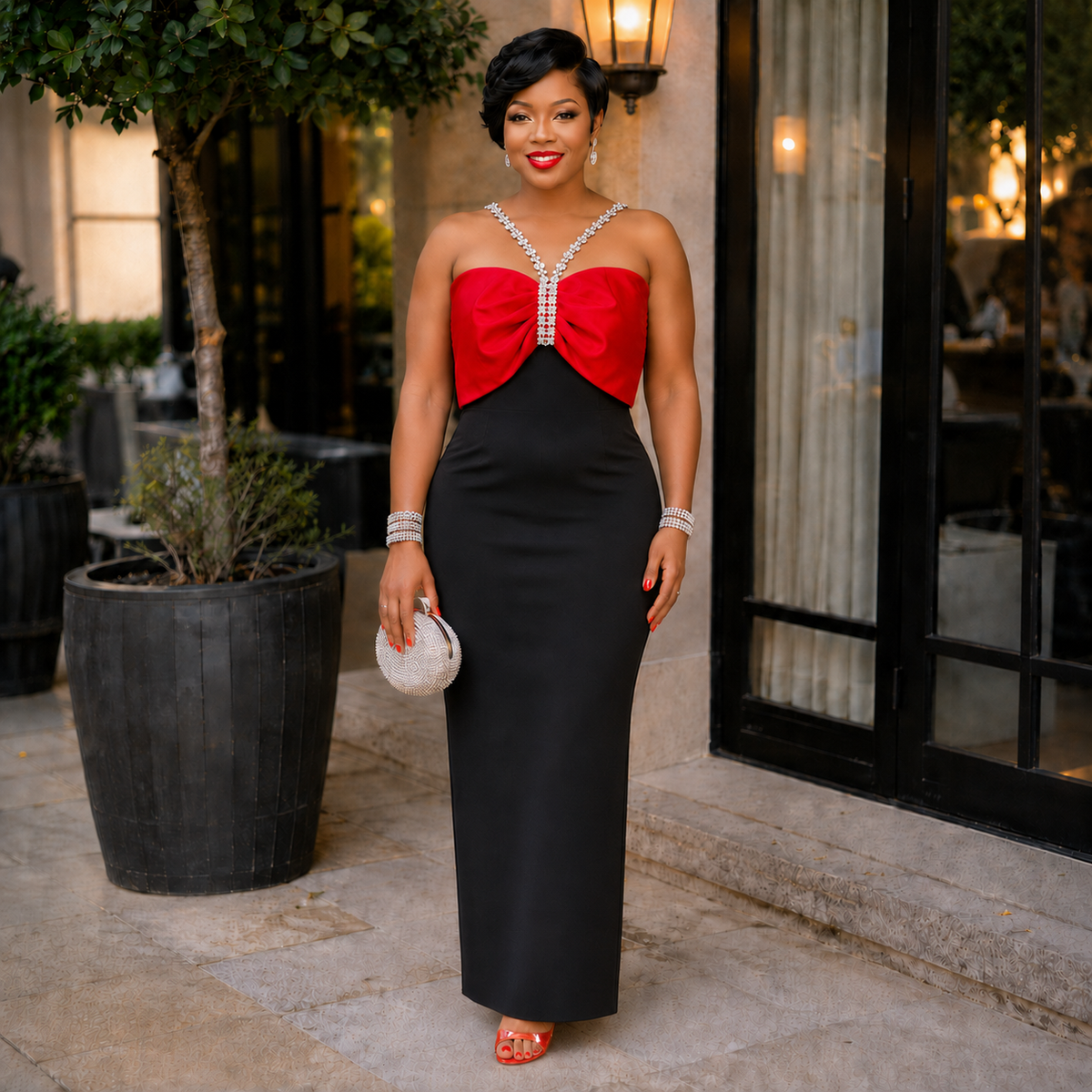 Crimson Bow Rhinestone Column Gown
