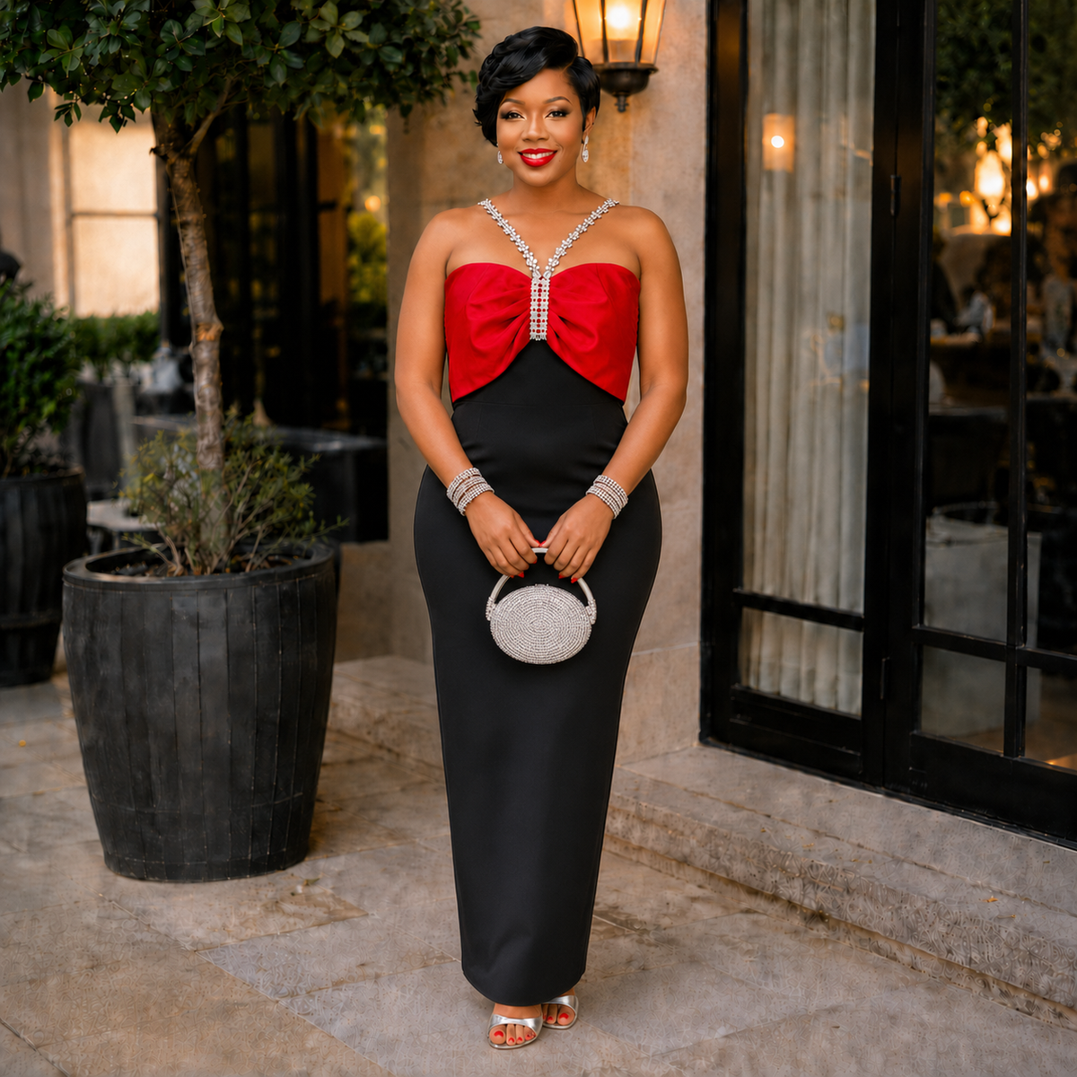 Crimson Bow Rhinestone Column Gown