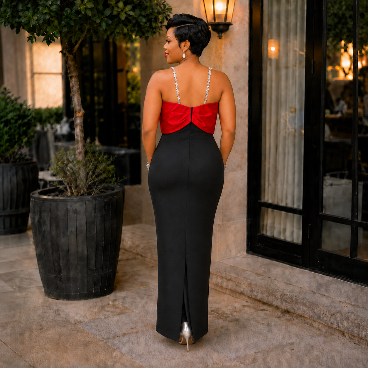 Crimson Bow Rhinestone Column Gown