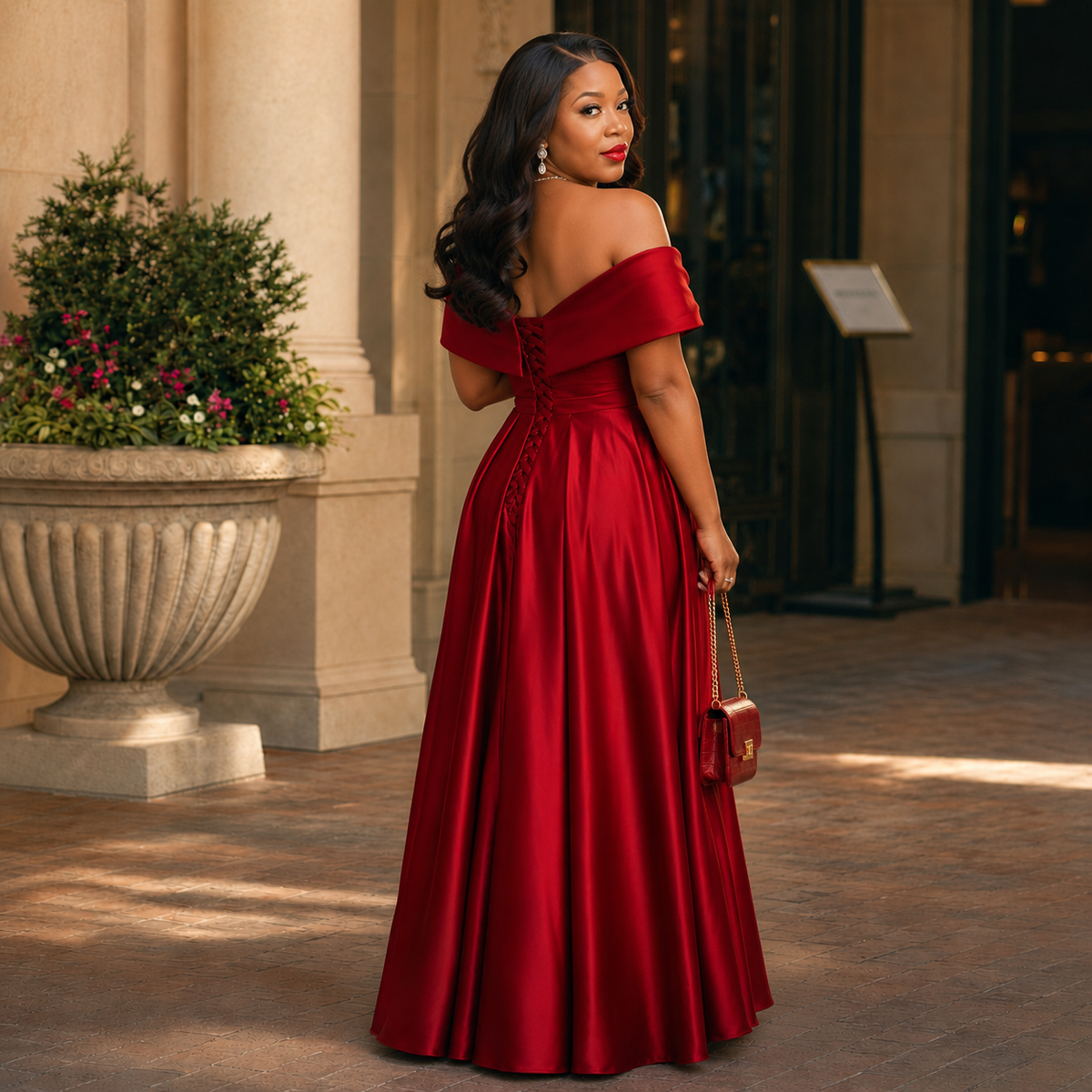 Scarlet Elegance Off-Shoulder Satin Gown