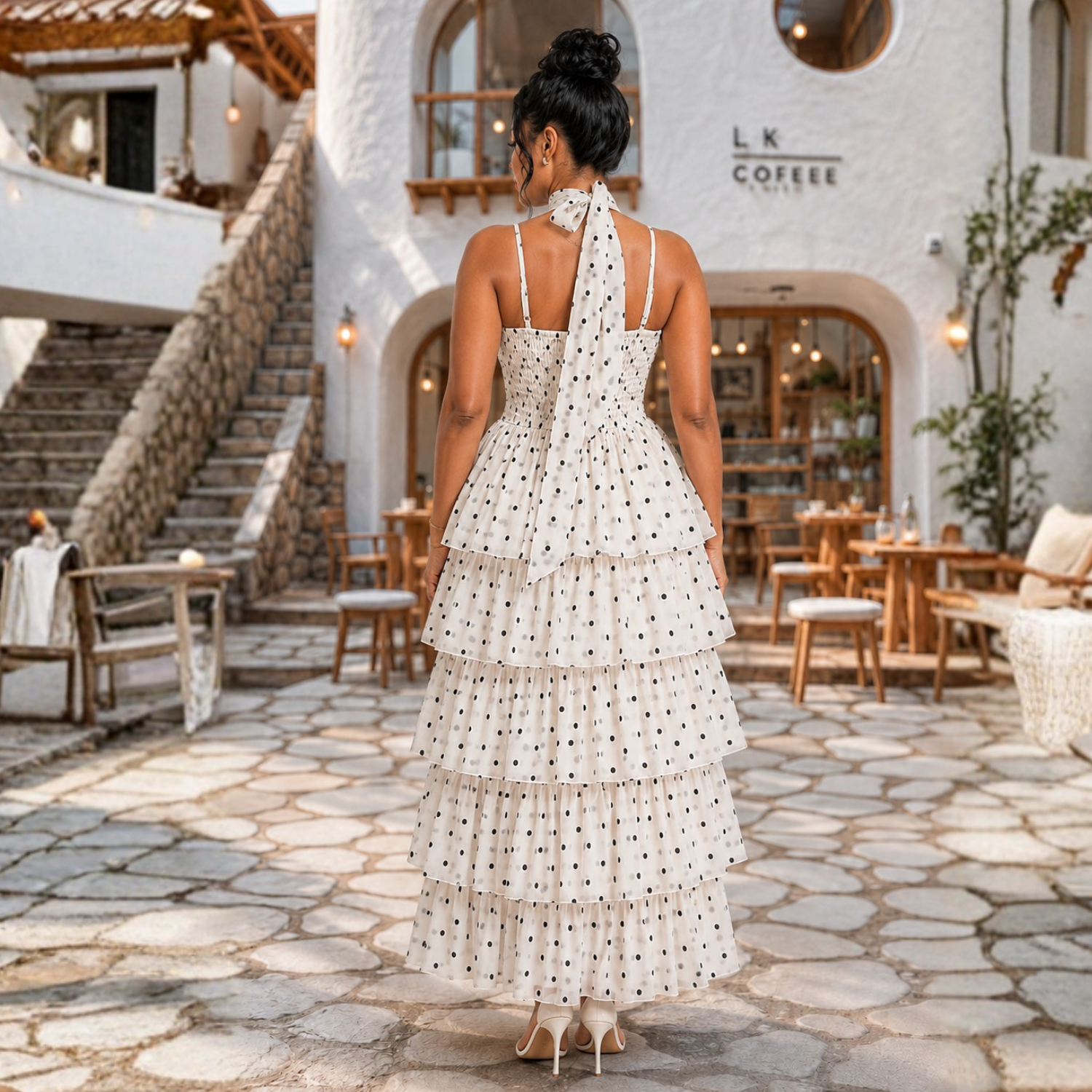 Polka Dot Tiered Organza Midi Dress